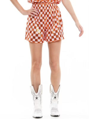 Game day checkered orange shorts